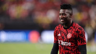 Andre Onana of Manchester United warms up during the pre-season friendly match between Manchester United and Borussia Dortmund at Allegiant Stadium.
