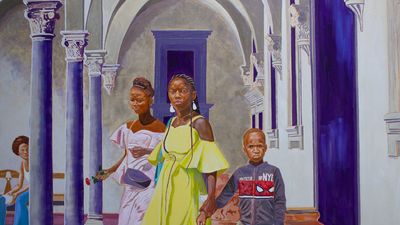 A painting of a woman standing with two children of different ages. 