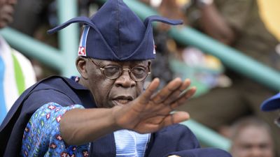 Bola Tinubu, one of the leaders of Nigeria's leading opposition All Progressive Congress, during a campaign rally at the Taslim Balogun Stadium in Lagos on January 30, 2015.