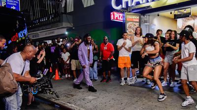 Burna Boy is seen on set of his music video in SoHo on July 06, 2023 in New York City. 