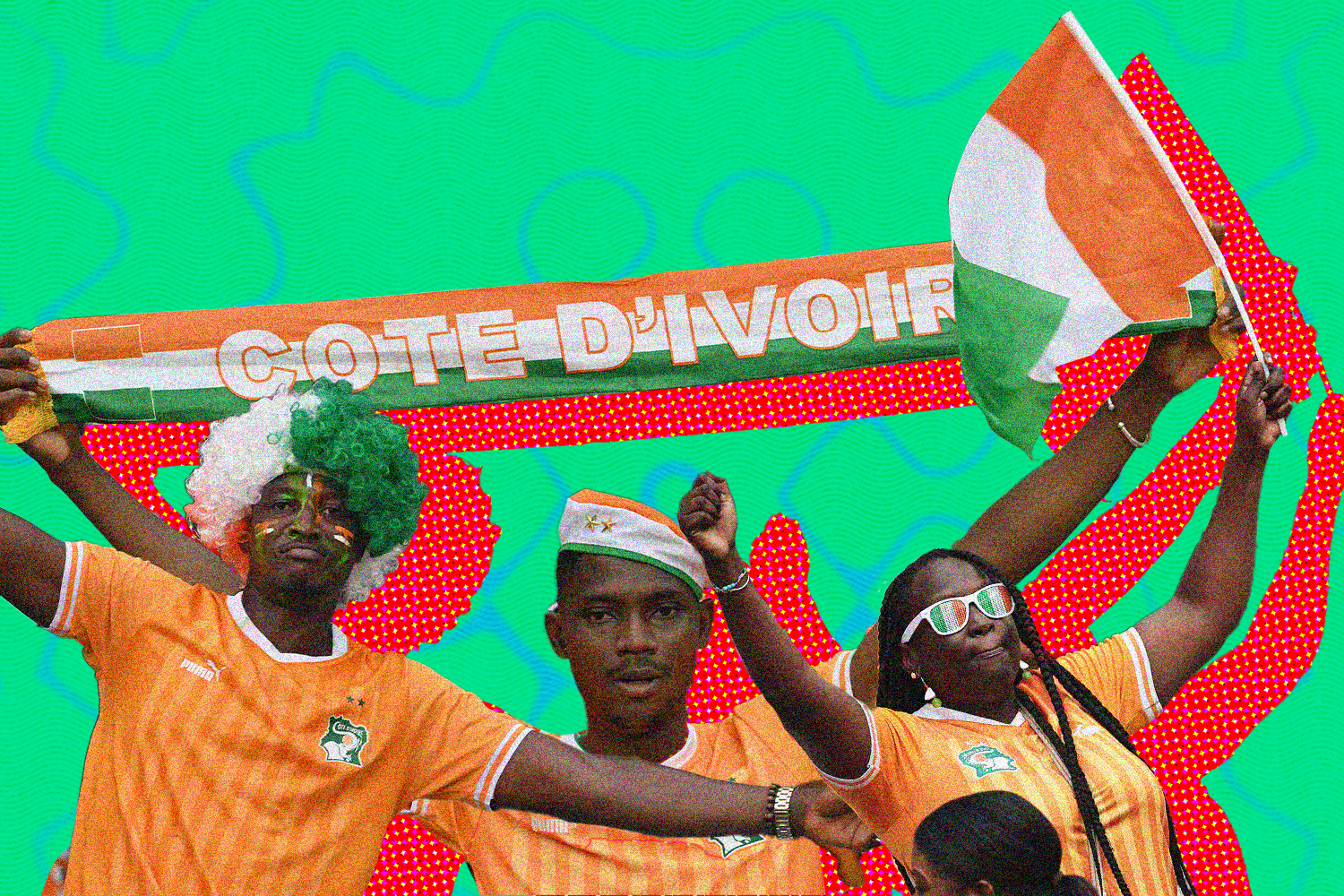 A collage of Côte d'Ivoire supporters cheering during the opening ceremony of the Africa Cup of Nations 2023 at the Alassane Ouattara Olympic Stadium in Ebimpe, Abidjan, on January 13, 2024. 