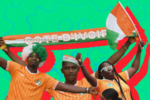 A collage of Côte d'Ivoire supporters cheering during the opening ceremony of the Africa Cup of Nations 2023 at the Alassane Ouattara Olympic Stadium in Ebimpe, Abidjan, on January 13, 2024. 