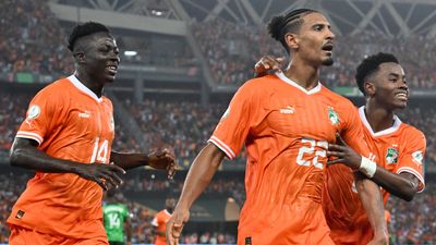 Côte d’Ivoire's forward #22 Sebastien Haller celebrates scoring his team's second goal during their Africa Cup of Nations (AFCON) 2023 final football match against Nigeria.