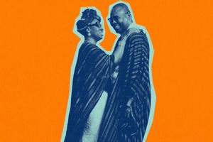 The iconic couple Amadou & Mariam in each other’s arms, over an orange-designed background