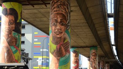 A photo of murals of young girls on the columns of Falomo bridge in Lagos, in homage to the Bring Back Our Girls movement. 