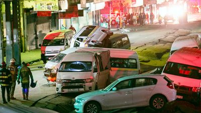 Destruction caused by an alleged gas explosion in the Central Business District (CBD) along Bree Street on July 19, 2023 in Johannesburg, South Africa. It is reported that at least 24 vehicles, mostly taxis, were damaged when the explosion occurred, damaging the road extensively.