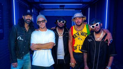 Diplo, Walshy Fire, and Ape Drums of Major Lazer are joined by the Major League DJz twin brothers (in black). 