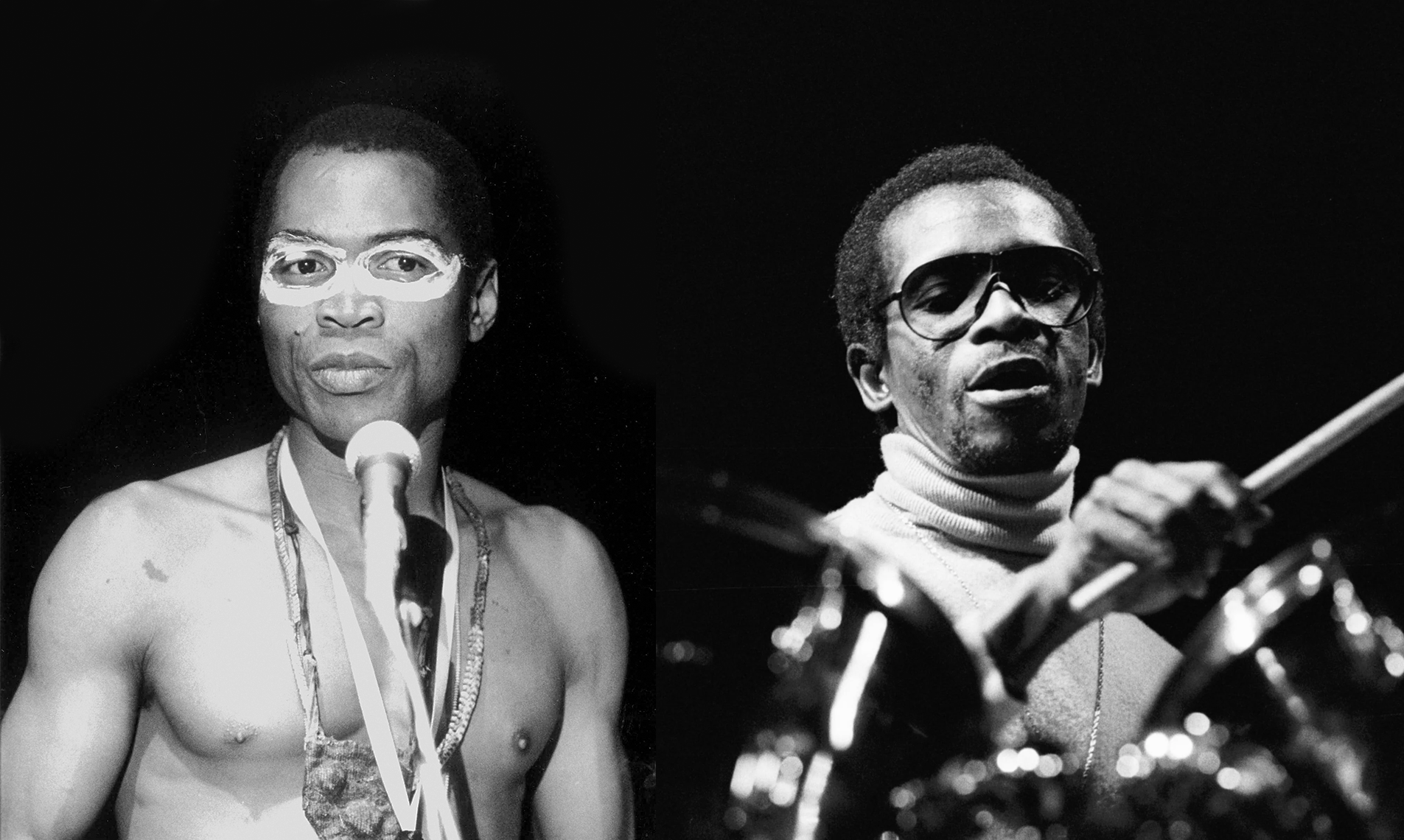 Fela Kuti and Tony Allen archive photos in black and white.