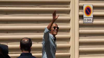 Former U.S. President Barack Obama waves as he leaves the Sagrada Familia, April 28, 2023, in Barcelona, Catalonia, Spain. Barack Obama and his wife, Michelle Obama, landed last night in Barcelona to attend the Bruce Springsteen concert. Obama visits Barcelona, but tomorrow, April 29th, he leaves Barcelona to attend a series of European conferences starting in Zurich (Germany). The former first lady will stay one more day, according to sources familiar with the agenda.