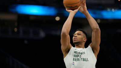 Giannis Antetokounmpo #34 of the Milwaukee Bucks warms up before a game against the Golden State Warriors at Fiserv Forum on January 13, 2024 in Milwaukee, Wisconsin. 