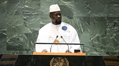 ​Guinea's coup leader and president, Colonel Mamady Doumbouya addresses the 78th United Nations General Assembly at UN headquarters in New York City on September 21, 2023.
