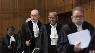 Judges entering the courtroom to attend the hearings on the advisory proceedings of the ICJ on the legal consequences of Israel's practices in Palestine on February 23, 2024.