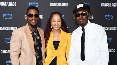 (L to R) Stars Tobi Bakre, Adesua Etomi and Zlatan Ibile at the UK Premiere of Prime Video’s first African original movie "Gangs Of Lagos" at Battersea Power station on April 11, 2023 in London, England.