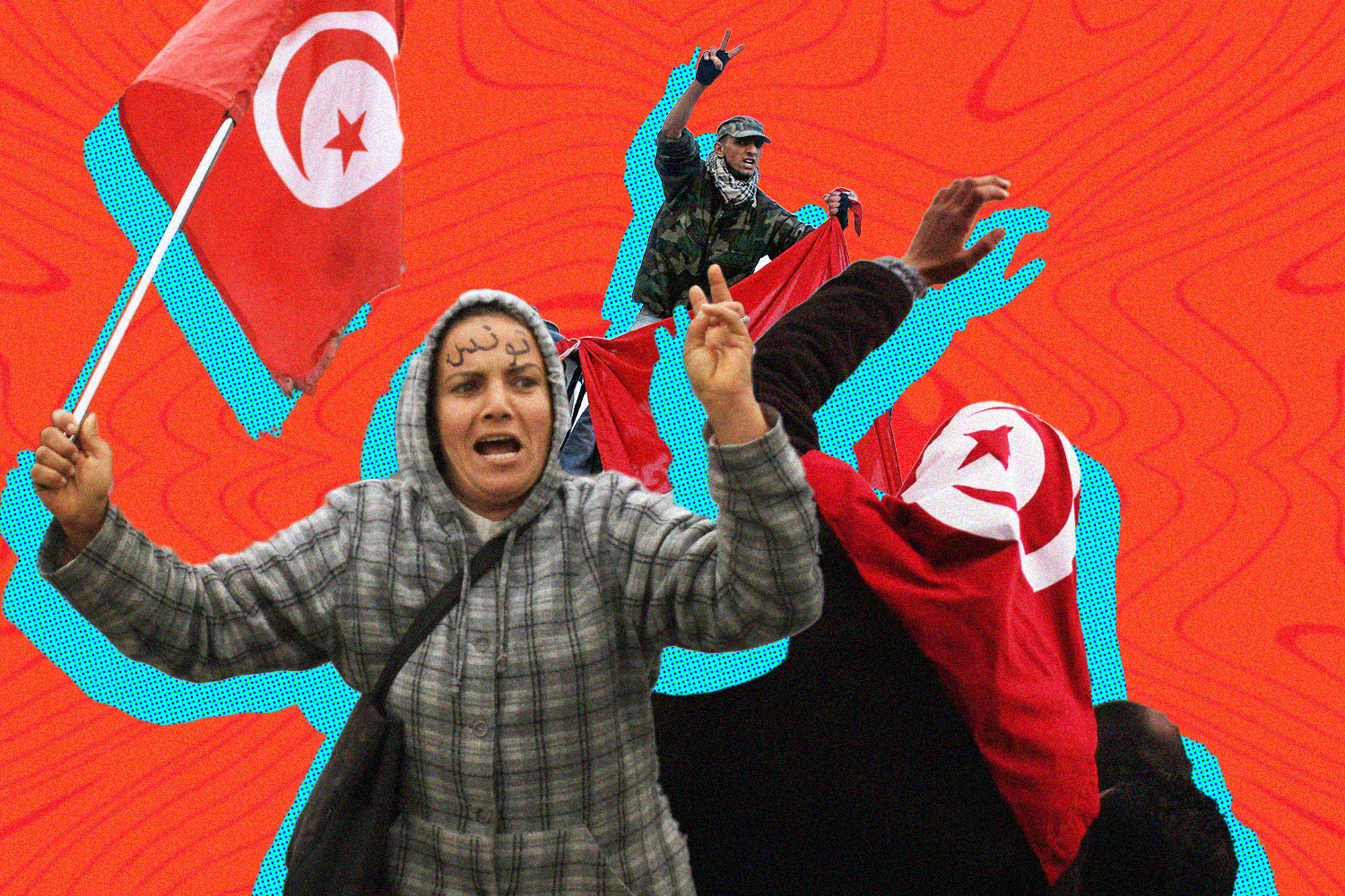 Tunisian protesters wave national flags and raise their arms in defiance during the Arab Spring.