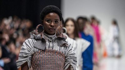 Models present creations by Michael Ludwig Studio of the Cruz Collective at the 2023 edition of the South African Fashion Week in Johannesburg, on October 19, 2023.