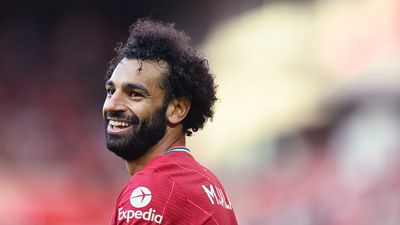 Mohamed Salah of Liverpool smiles during the Premier League match between Liverpool  and  Chelsea at Anfield on August 28, 2021 in Liverpool, England. (Photo by Michael Regan/Getty Images)