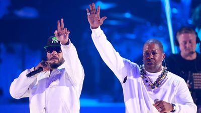 Music producer Swizz Beatz (L) and US rapper Busta Rhymes perform on stage during the 2023 BET awards at the Microsoft theatre in Los Angeles, June 25, 2023.