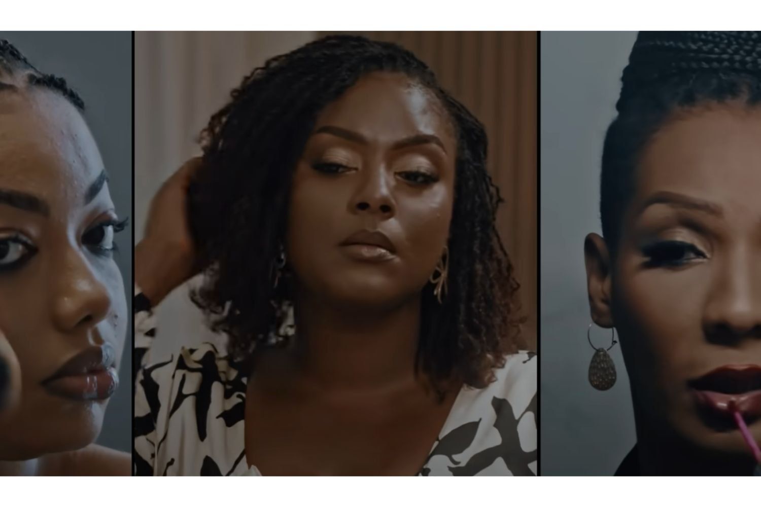 Three women are seen on a split screen, applying makeup and fixing hair