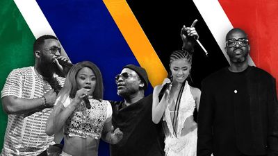 An illustration showing pictures of (from left) Cassper Nyovest, Babes Wodumo, M’du Masilela, Tyla, and Black Coffee.