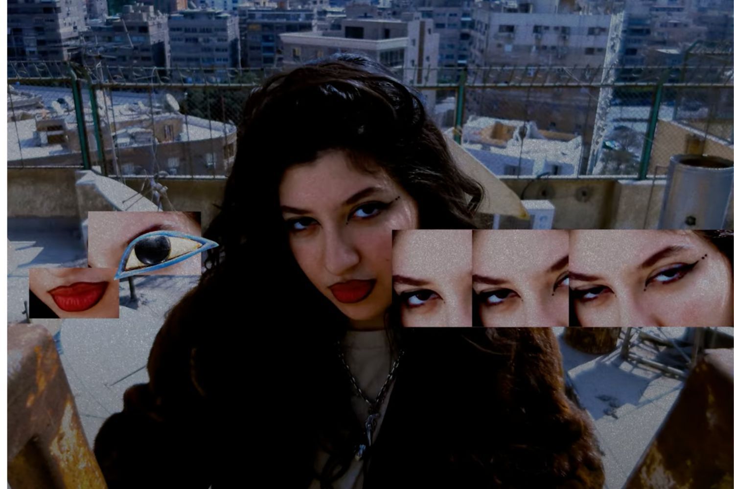 A landscape portrait of Lella Fadda, standing on a Cairene rooftop wearing red lipstick and a brown furry coat. A collage of her eyes and lips is edited on top of the image. 