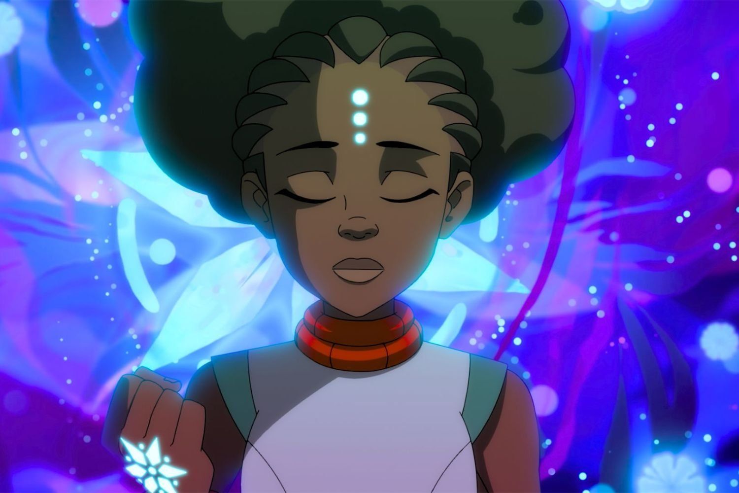 A poster for an animated series based on Nigerian mythology.An animated girl with her eyes closed and glowing blue symbols on her forehead and hand appears deep in meditation, surrounded by a vibrant, otherworldly background filled with swirling light, colors, and ethereal shapes.