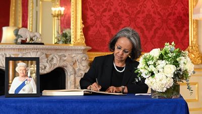 President of Ethiopia Sahle-Work Zewde signs a book of condolence at Lancaster House on September 18, 2022 in London, United Kingdom. Queen Elizabeth II is lying in state at Westminster Hall until the morning of her funeral to allow members of the public to pay their last respects.