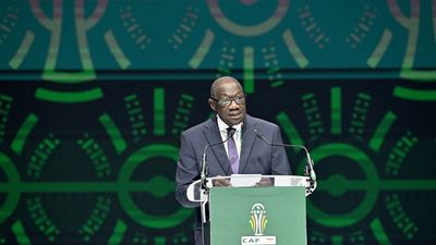 President of the Africa Cup of Nations (CAN) 2024 organising committee Ivorian Francois Amichia delivers a speech during the Africa Cup of Nations (CAN) 2024 official draw at Parc des Expositions in Abidjan, southeastern Ivory Coast, on October 12, 2023.