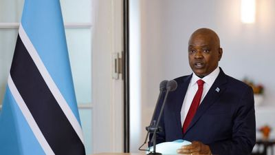 President of the Republic of Botswana Mokgweetsi Eric Keabetswe Masisi addresses delegation members of Switzerland and Botswana before official talks between the two countries in Bern on May 1, 2023. - President Masisi is on a three day state visit to Switzerland.