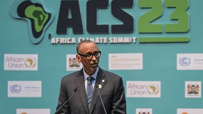 Rwandan President Paul Kagame delivers his remarks during the Africa Climate Summit 2023 at the Kenyatta International Convention Centre (KICC) in Nairobi on September 5, 2023.
