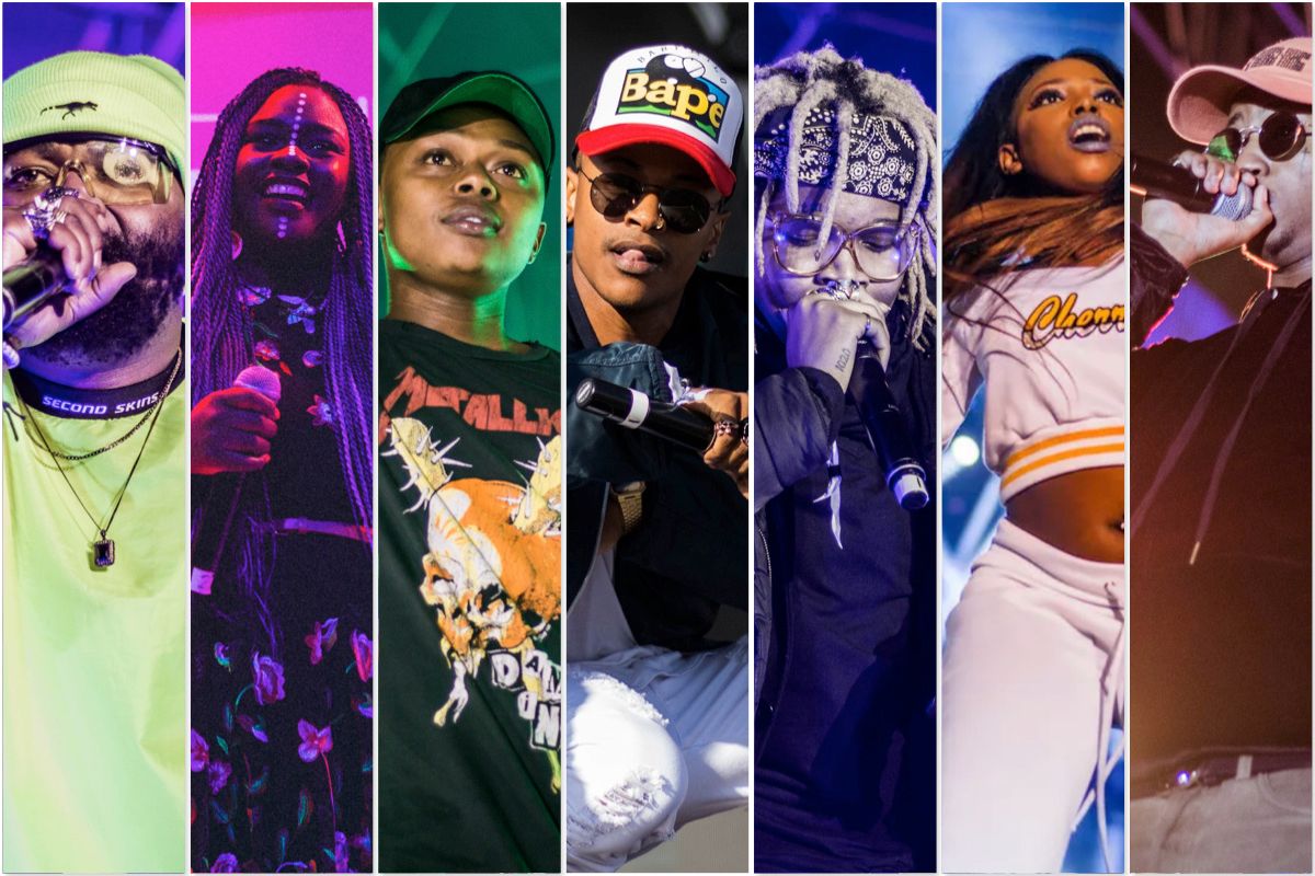 A collage showing Sjava, Amanda Black, A-Reece, Priddy Ugly, Saudi, Gigi Lamayne and Emtee each on stage. 