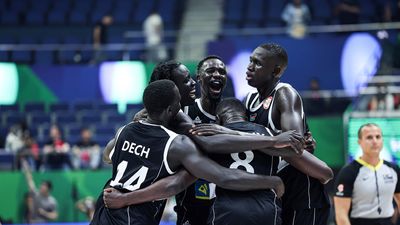 South Sudan's players celebrate winning after the Group B match between China and South Sudan at the 2023 FIBA World Cup in Manila, the Philippines, on Aug. 28, 2023. 