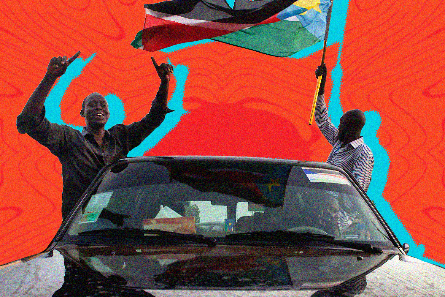 A photo of two men celebrating from a car, one waving the South Sudan flag and the other raising his hands joyfully, against an orange background.