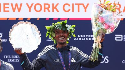 Tamirat Tola of Ethiopia celebrates the win in the Men's division and setting a course record during the 2023 TCS New York City Marathon on November 05, 2023 in Central Park in New York City. 