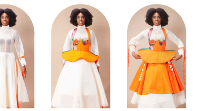 An image of an outfit from the fashion label Munkus, of a woman in a white dress with an orange skirt.