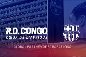 A promotional graphic with a partnership announcement. On the left side, bold white text reads: “R.D. CONGO” “CŒUR DE L’AFRIQUE” (French for “Heart of Africa”). Below that, in slightly smaller white text: “GLOBAL PARTNER OF FC BARCELONA.” To the right, the FC Barcelona (FCB) logo is prominently displayed. 