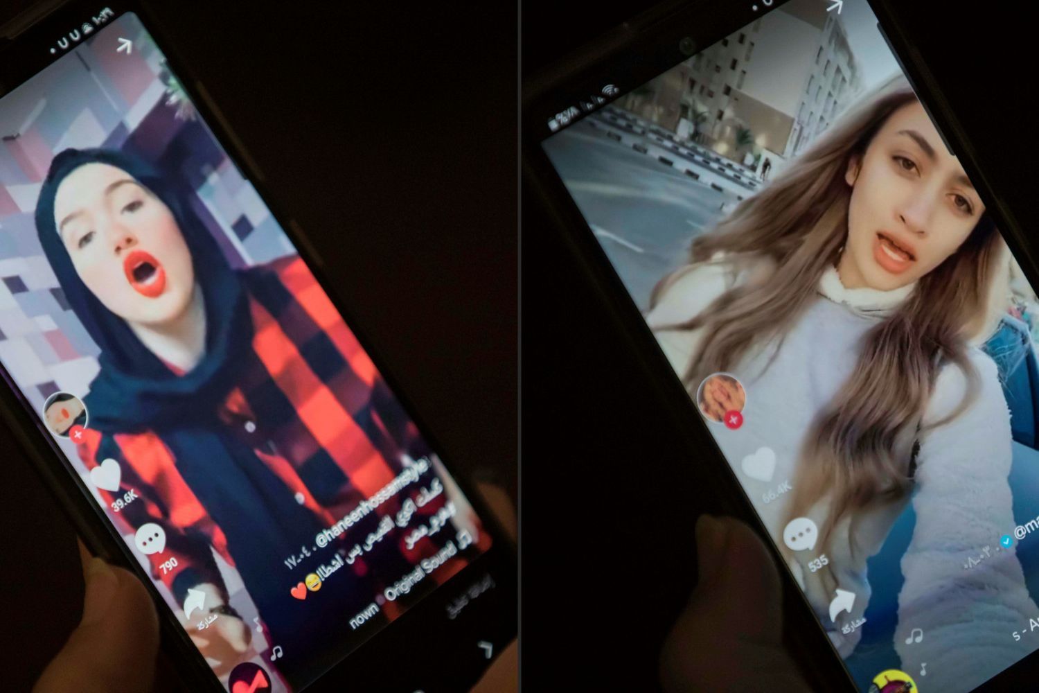 A combination of two pictures side-by-side of cellphone screens with two women talking on videos