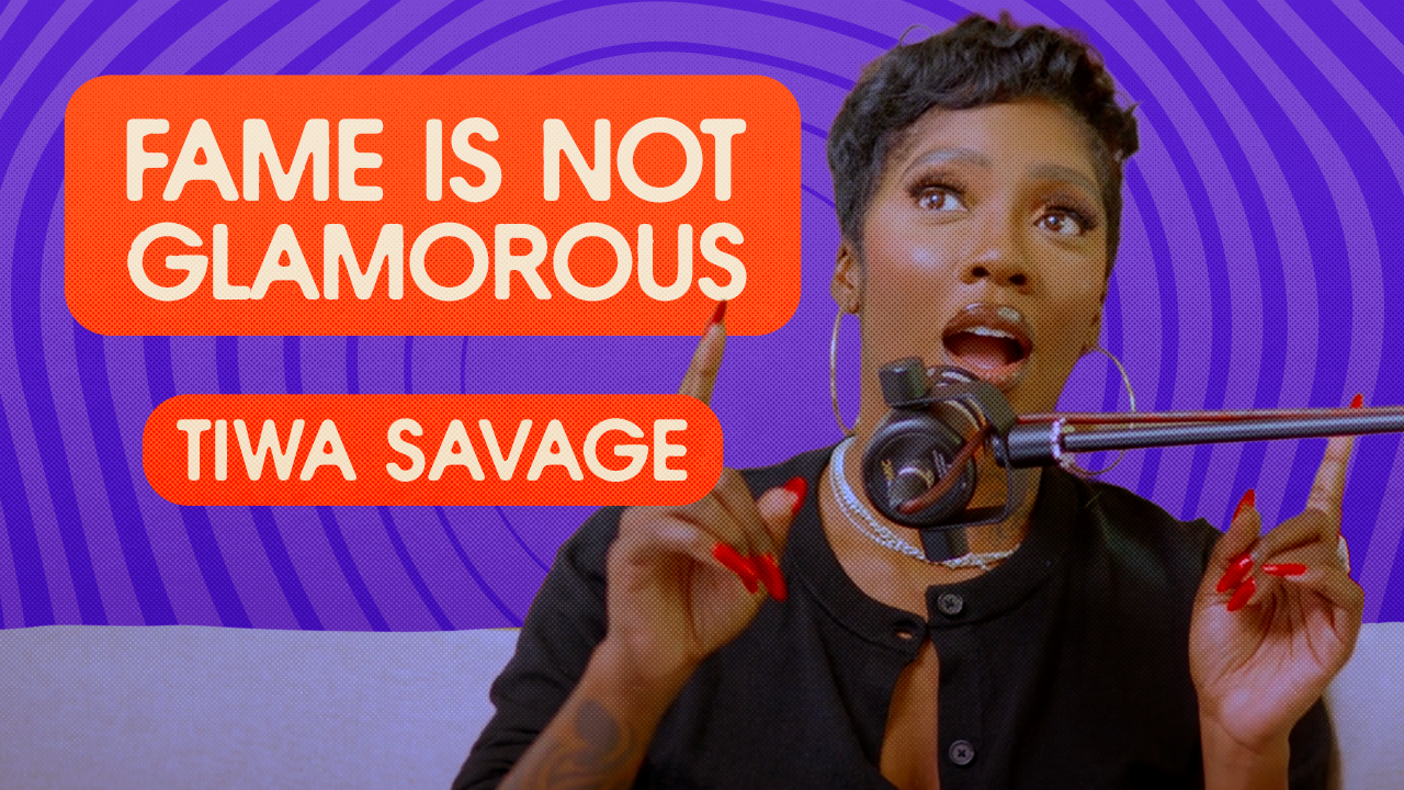 A photo of Tiwa Savafe in a black button down top speaking into a podcast microphone with the text, "Fame is not glamorous" beside her.