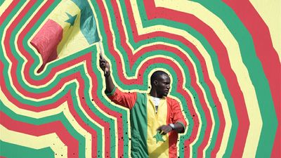 An illustration of a Senegalese protester waving the country’s flag.
