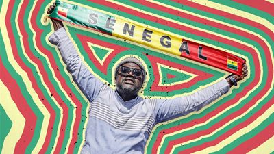 An illustration of a protester holding a shawl with the inscription “Senegal.”