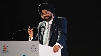 World Bank chief Ajay Banga speaks during the G20 Finance Ministers, Central Bank Governors (FMCBG) and Finance & Central Bank Deputies (FCBD) meetings, at the Mahatma Mandir in Gandhinagar on July 16, 2023.