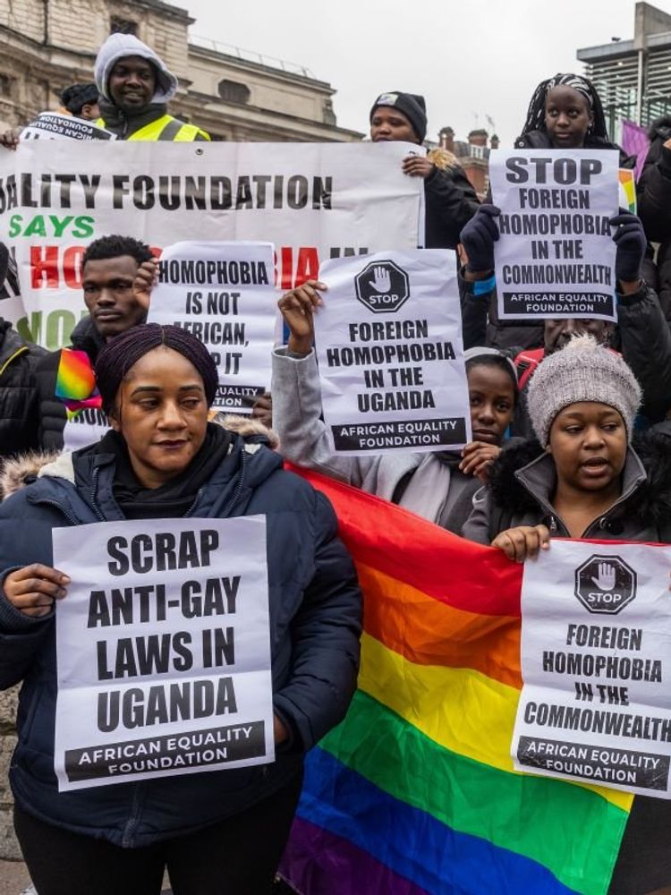 ​LGBT+ campaigners from the African Equality Foundation attend a protest opposite Westminster Abbey to coincide with leaders of thirty Commonwealth countries arriving for a Commonwealth seventy-fifth anniversary service on March 11, 2024 in London, United Kingdom.