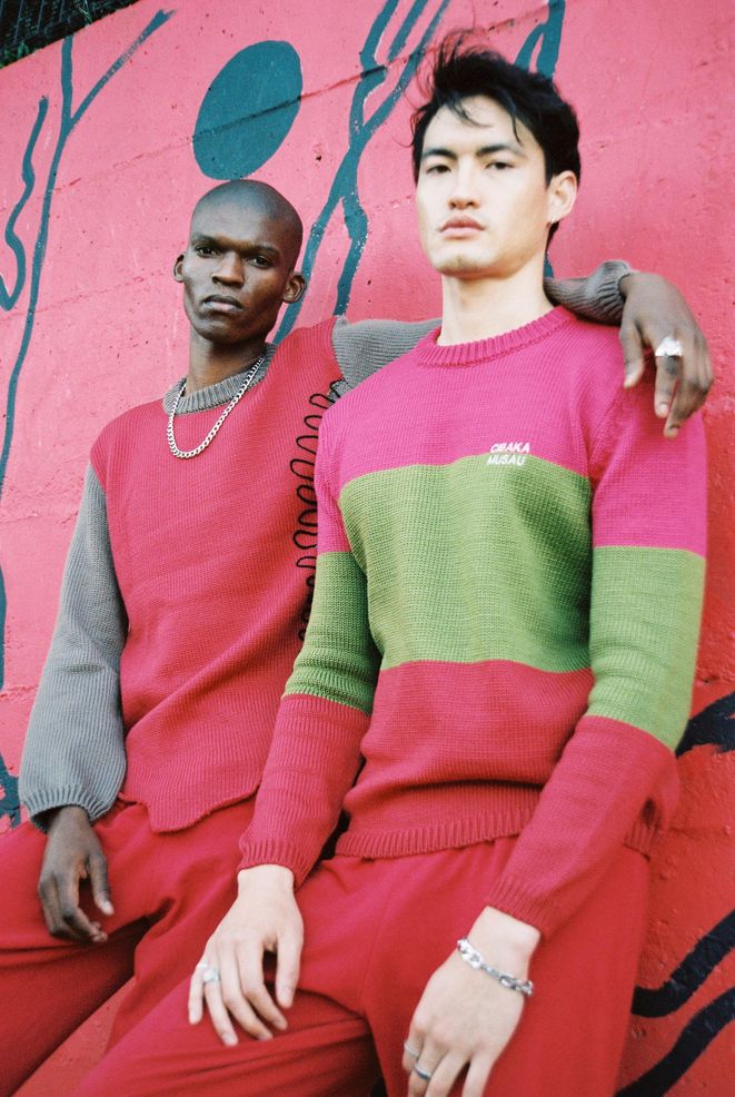 Matching red sweaters