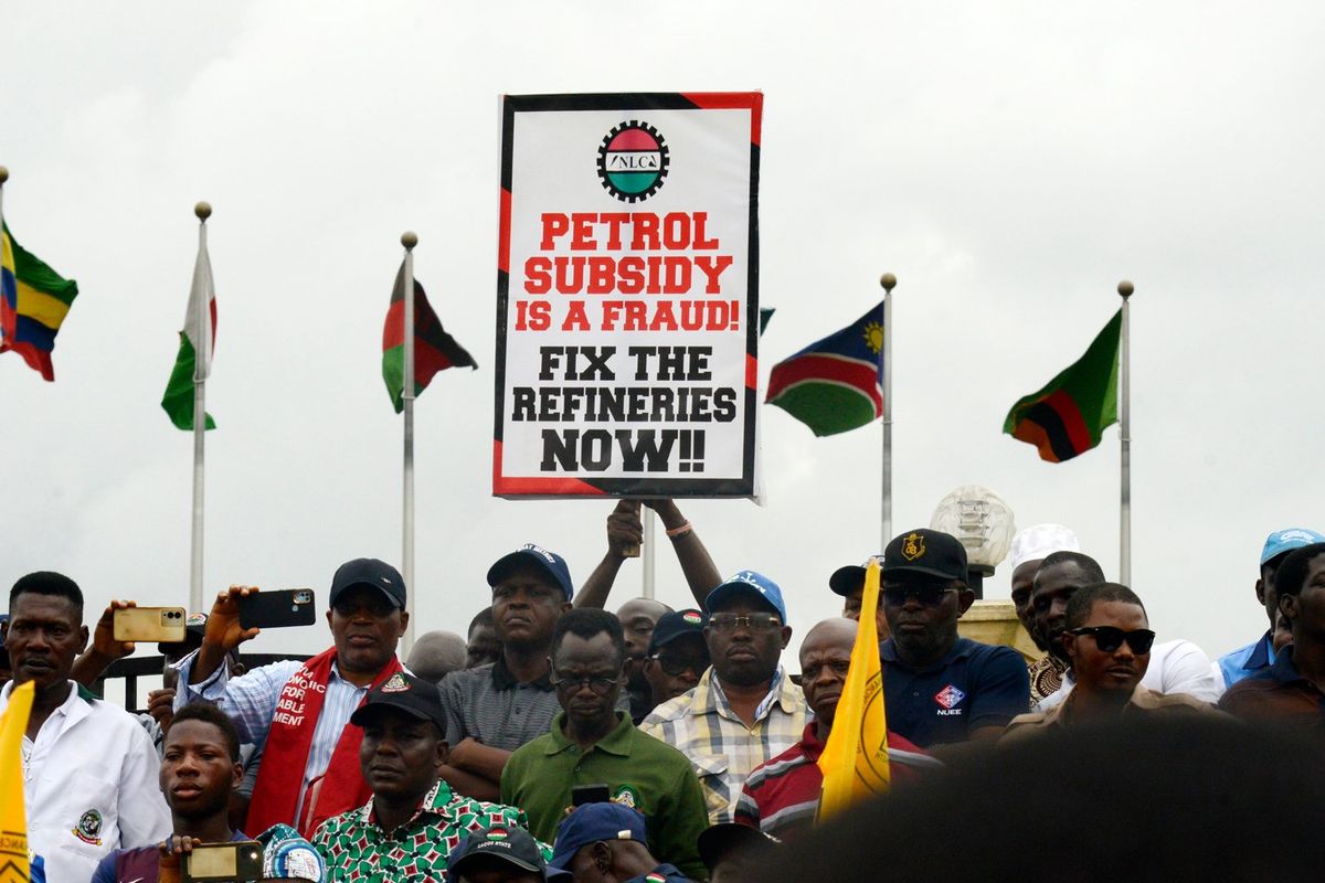Members of Nigeria Labour Congress (NLC) and Trade Union Congress (TUC) and Civil Society Group stage a protest over the hardship facing the mass as a result of the removal of fuel subsidy by the government, in Ikeja, Lagos, Nigeria on Wednesday, August 2, 2023.