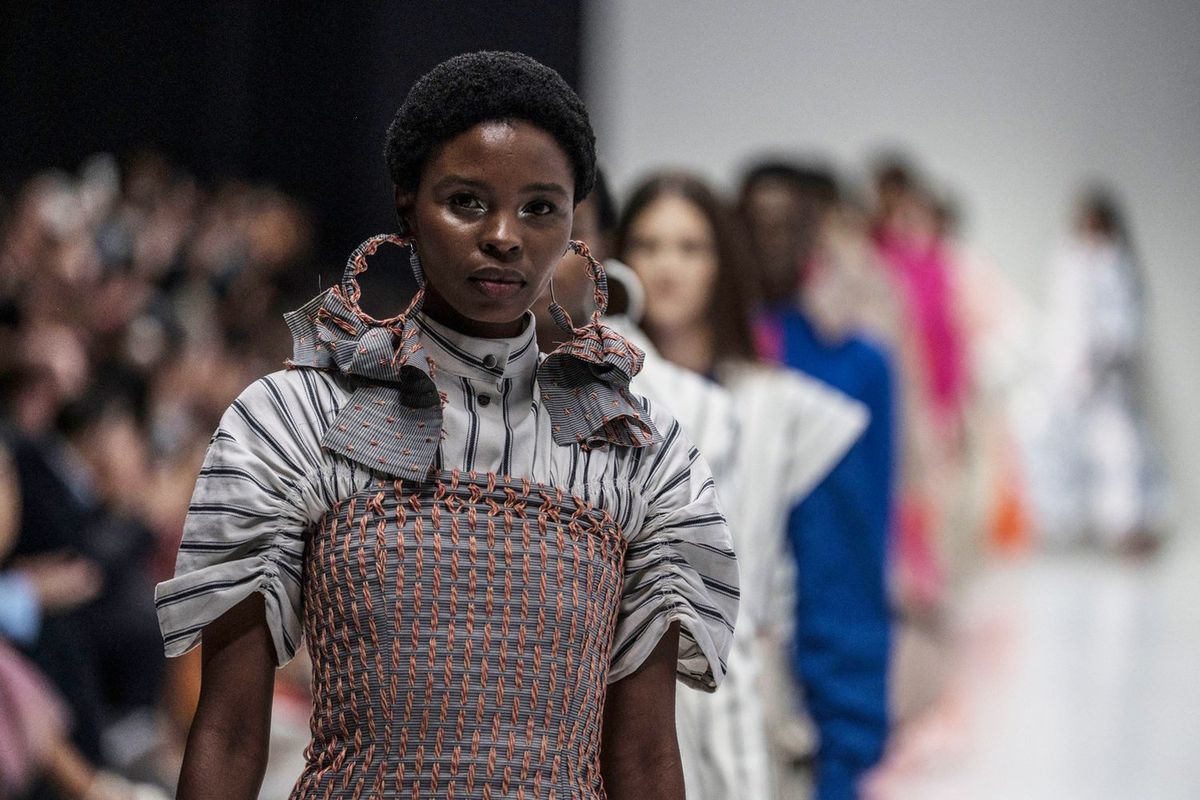 Models present creations by Michael Ludwig Studio of the Cruz Collective at the 2023 edition of the South African Fashion Week in Johannesburg, on October 19, 2023.