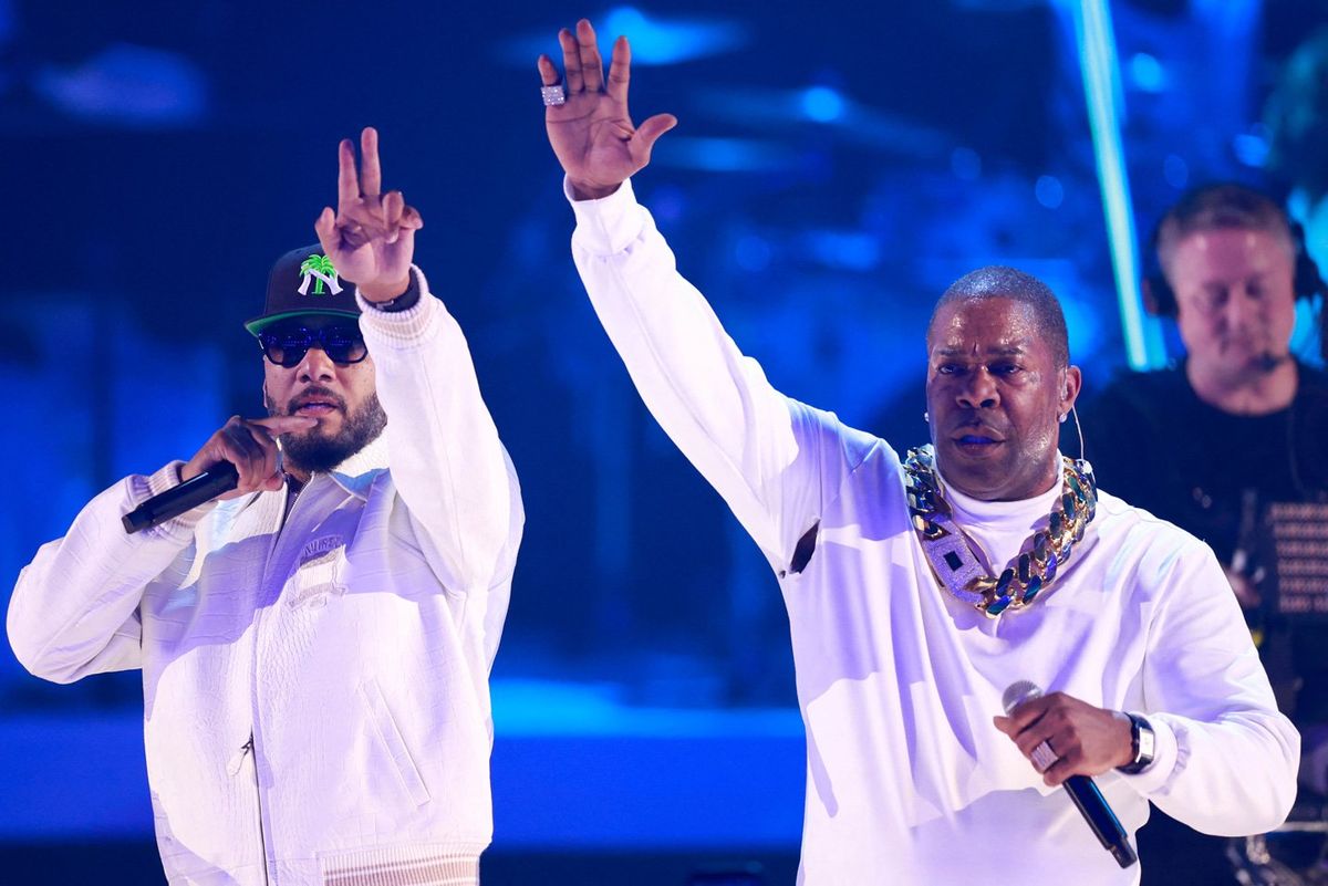 Music producer Swizz Beatz (L) and US rapper Busta Rhymes perform on stage during the 2023 BET awards at the Microsoft theatre in Los Angeles, June 25, 2023.