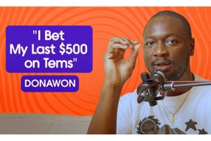 Muyiwa Awoniyi sits in front of a microphone, gesturing with his hand as he speaks, with text beside him reading “I Bet My Last $500 on Tems.”