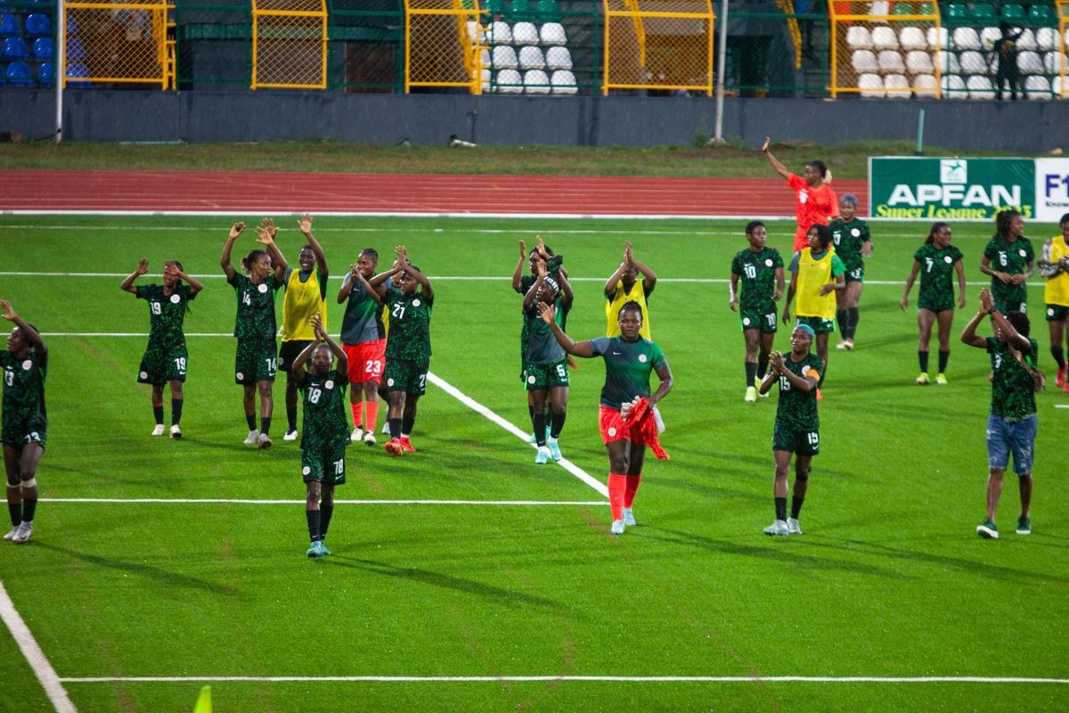 Nigeria's Super Falcons celebrate after their 2-0 victory over Cameroon's Indomitable Lioness in an international friendly match in Abeokuta, Ogun State, Nigeria, on June 3, 2025.