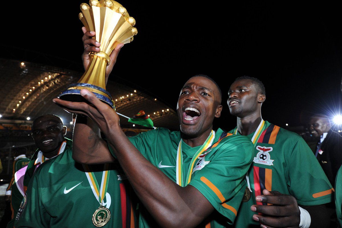 Noah Sikombe Chivuta of Zambia celebrates with the trophy after winning the 2012 African Cup of Nations Final between Zambia and Ivory Coast at the Stade de l'Amitie in Libreville, Gabon.