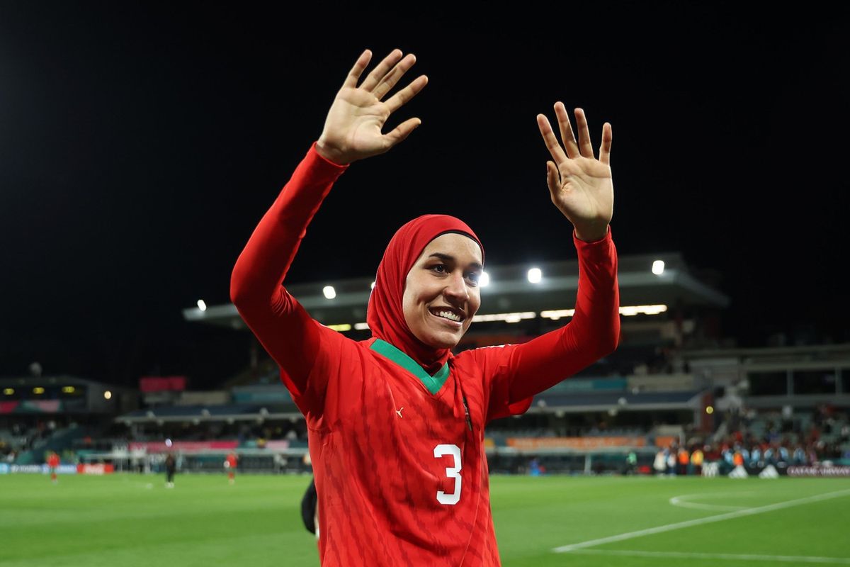 Nouhaila Benzina of Morocco applauds fans after advancing to the knock out stage after the 1-0 victory in the FIFA Women's World Cup Australia & New Zealand 2023 Group H match between Morocco and Colombia at Perth Rectangular Stadium on August 03, 2023 in Perth, Australia.