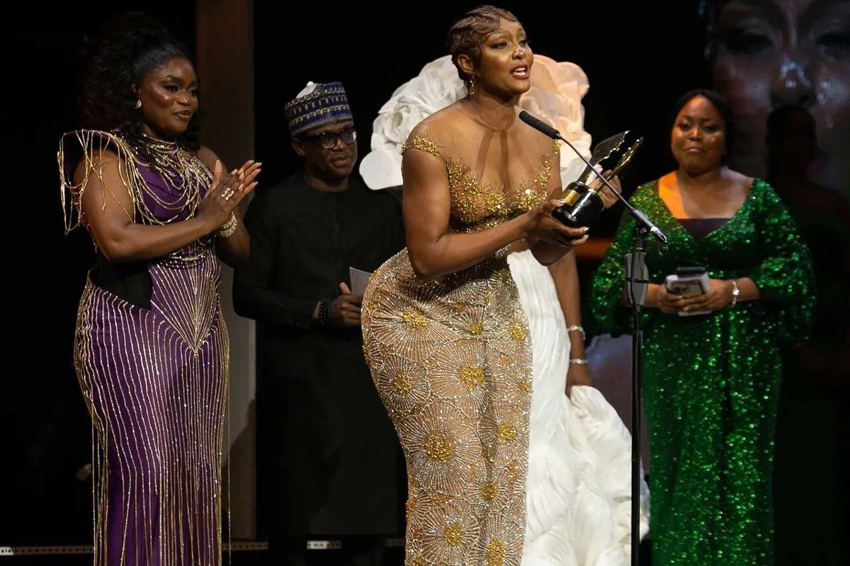 Osas Ighodaro accepting the award for Best Actress in a Drama (Movie/TV Series) for Man of God (2022) at the 9th edition of the AMVCAs in Lagos, Nigeria.